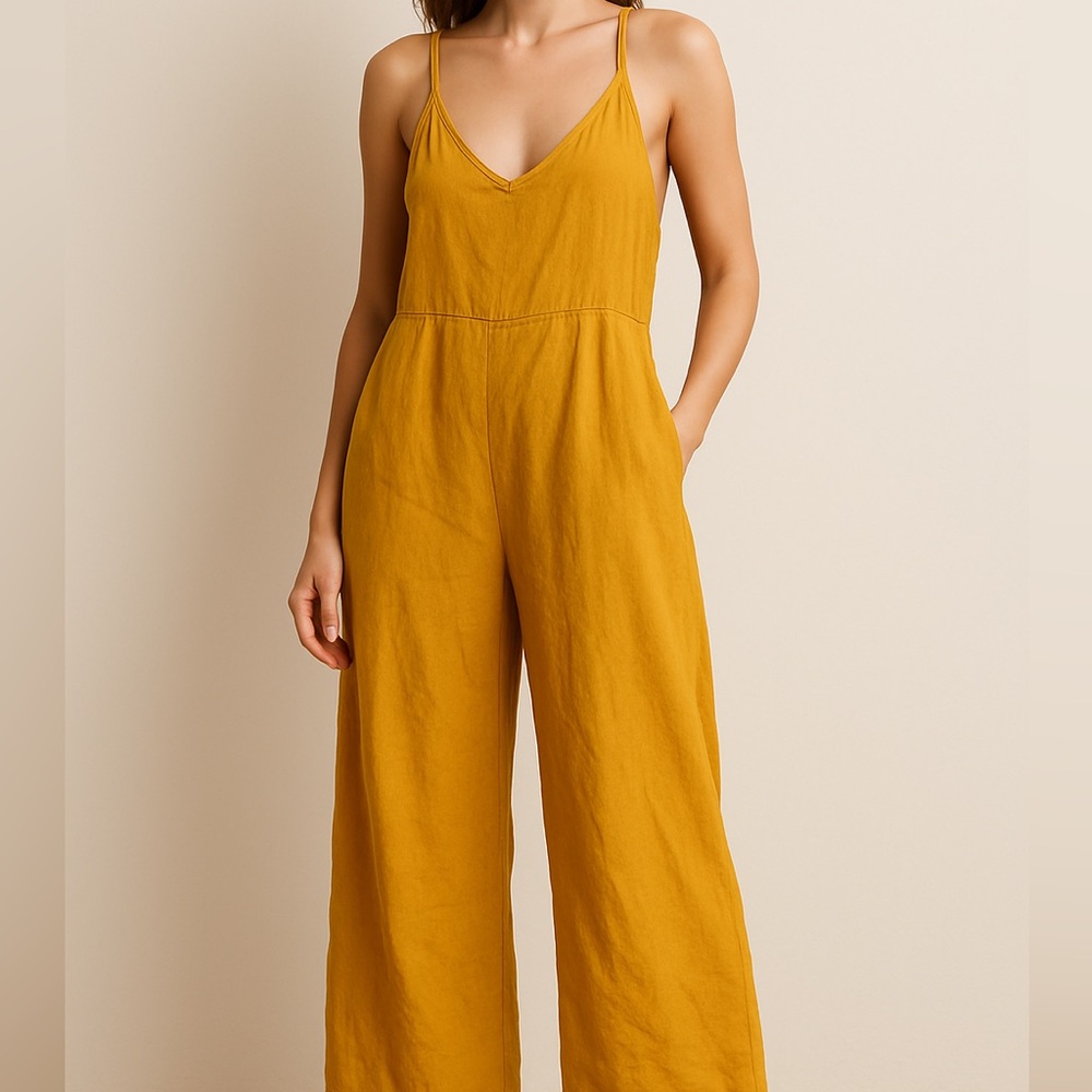 Mustard Yellow Spaghetti-Strap Wide-Leg Jumpsuit